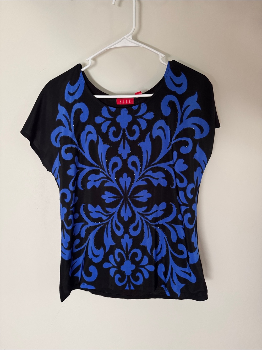 ELLE Black Tee with Bright Blue Floral Medallion Print